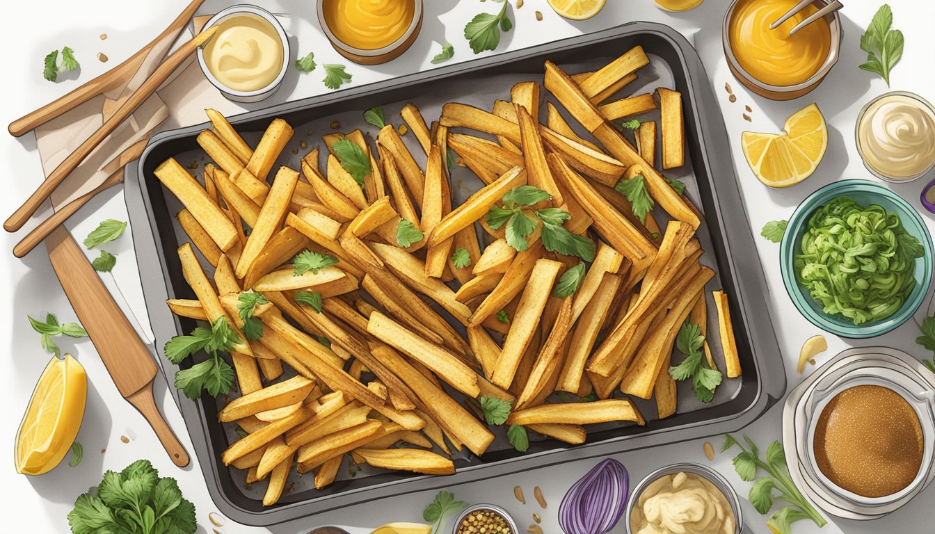 A baking sheet filled with golden honey-glazed rutabaga fries surrounded by various meal prep ingredients