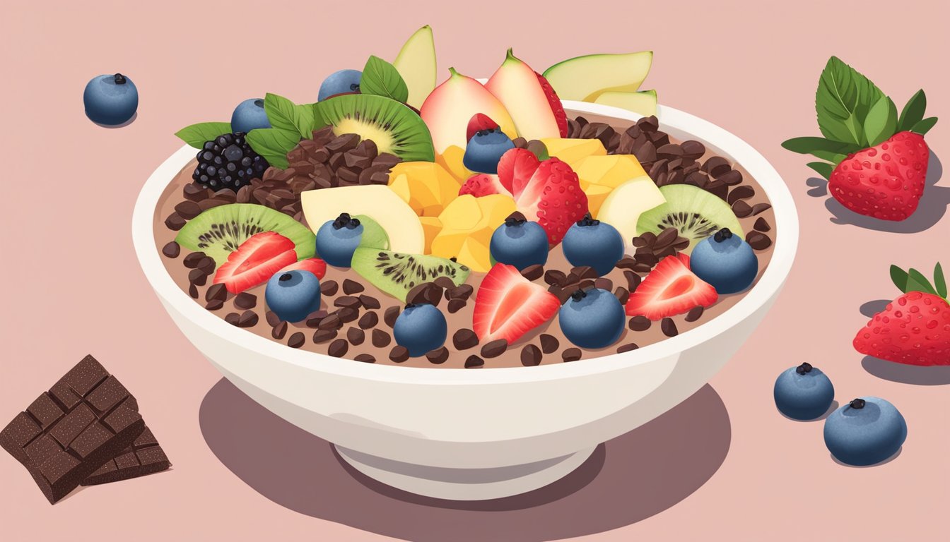 A colorful smoothie bowl topped with cacao nibs and fresh fruit