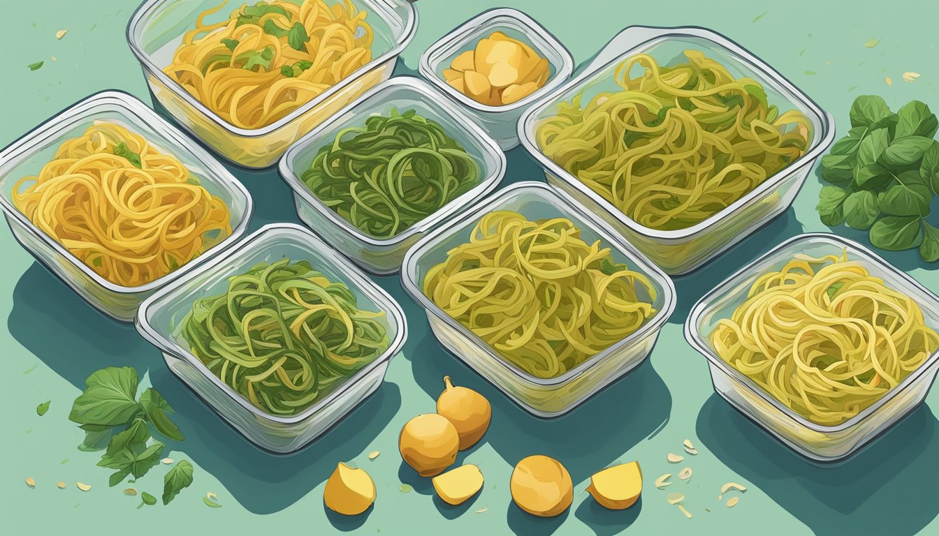 A colorful array of rutabaga noodles tossed in pesto, neatly arranged in meal prep containers