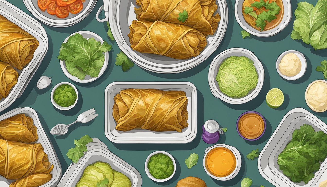 A table set with 10 neatly arranged stuffed cabbage rolls, surrounded by various meal prep ingredients and utensils