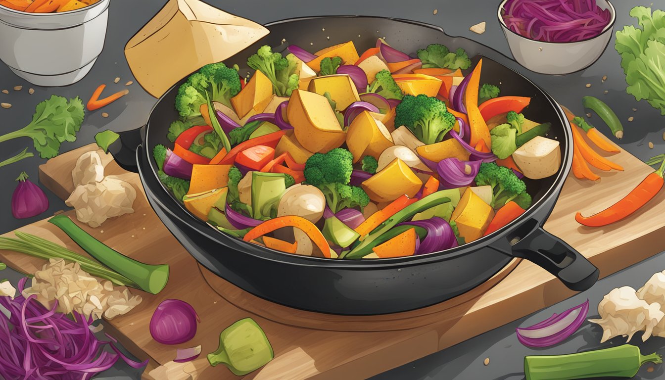 A colorful stir-fry sizzling in a wok, with chunks of rutabaga, vibrant vegetables, and spicy seasonings being tossed together