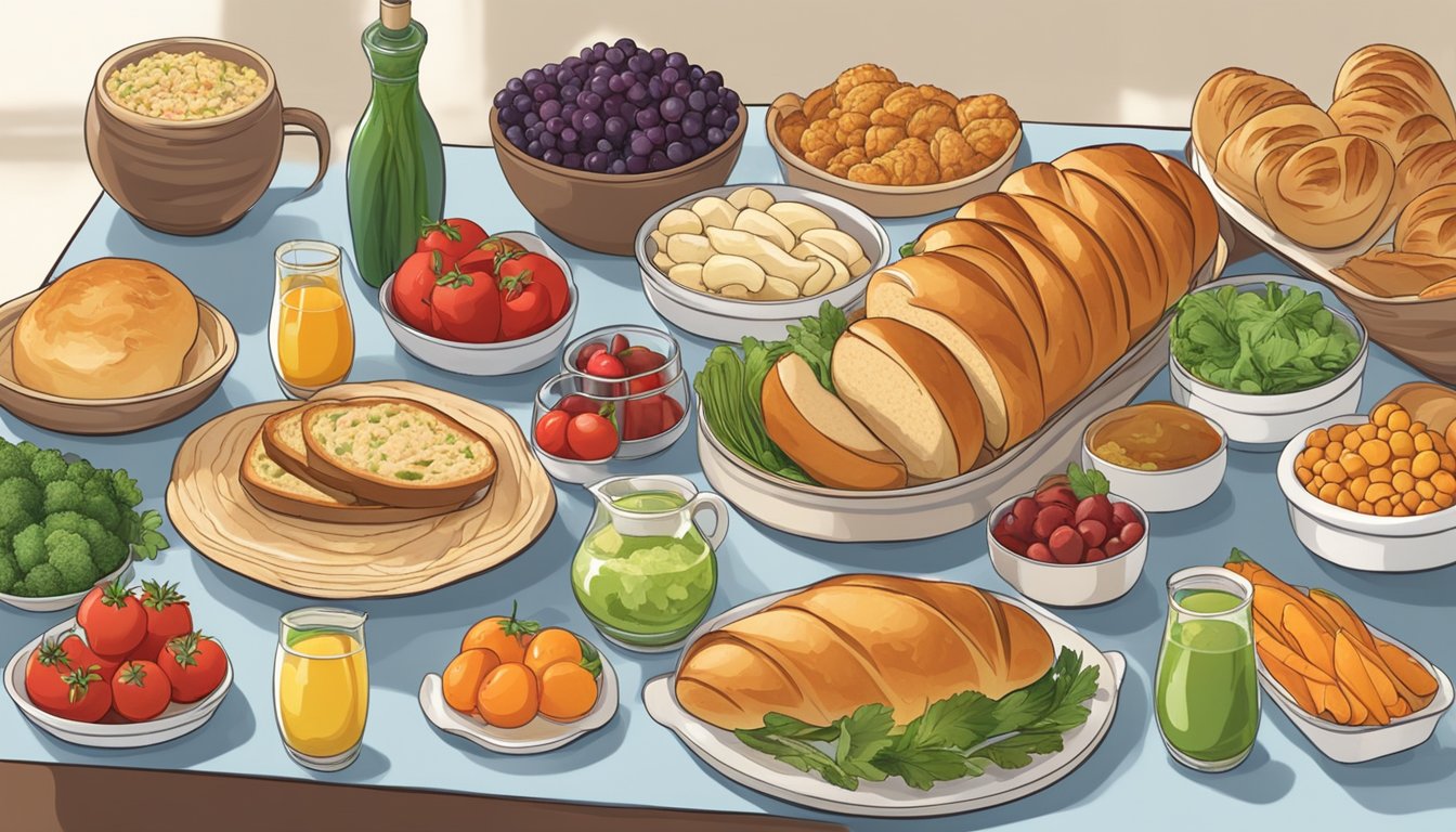 A table set with 10 different meal prep ideas for Yom Kippur, including freshly baked challah bread, fruits, vegetables, and various other dishes