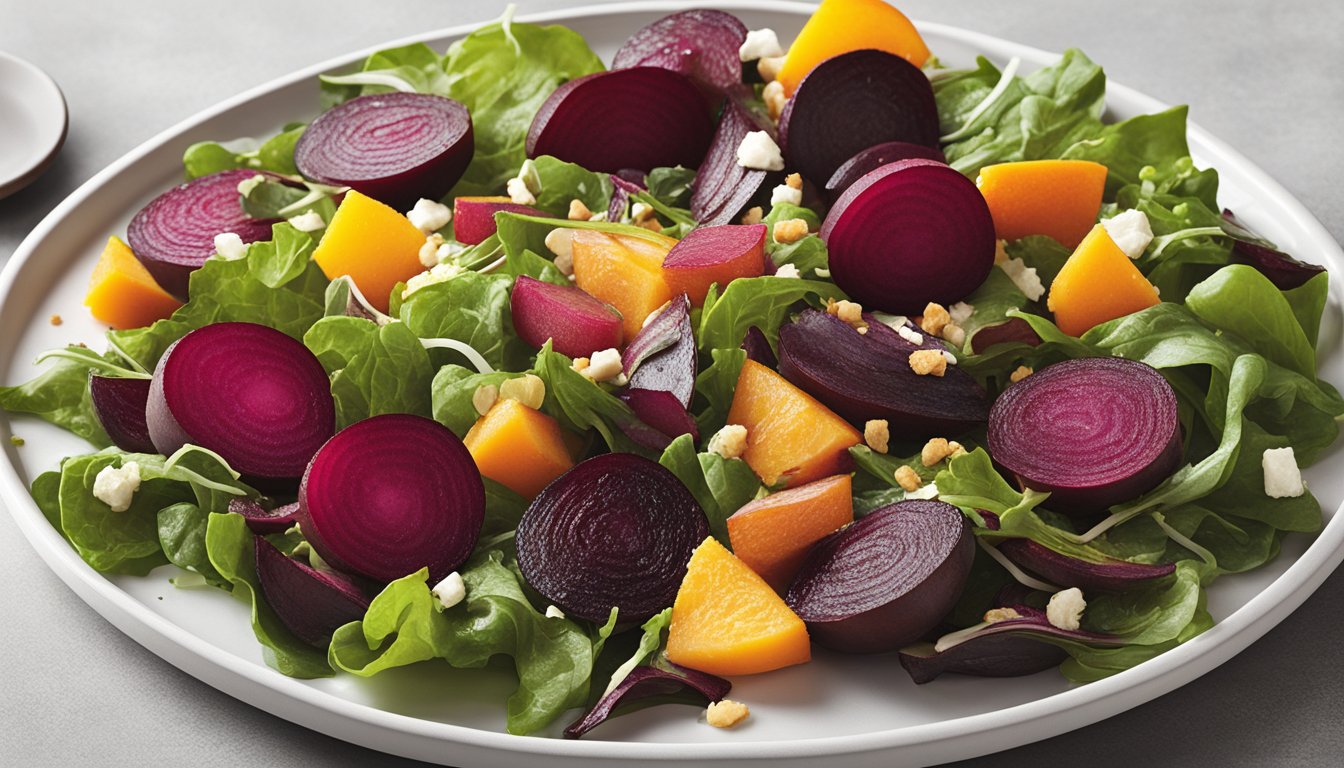 A colorful array of roasted beets, mixed greens, and assorted toppings arranged on a white plate