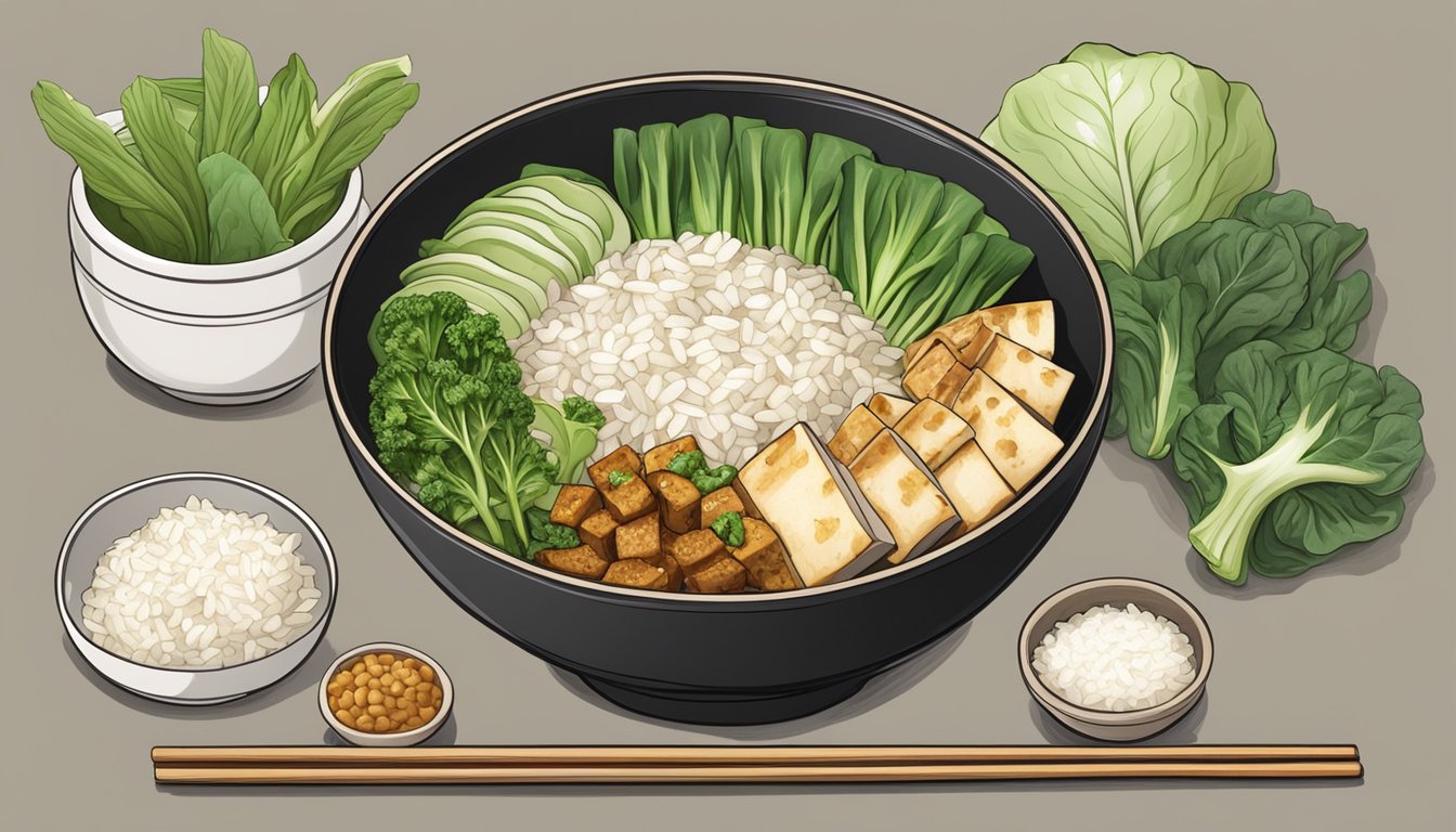 A steaming rice bowl with spicy bok choy and tofu, surrounded by fresh ingredients and cooking utensils