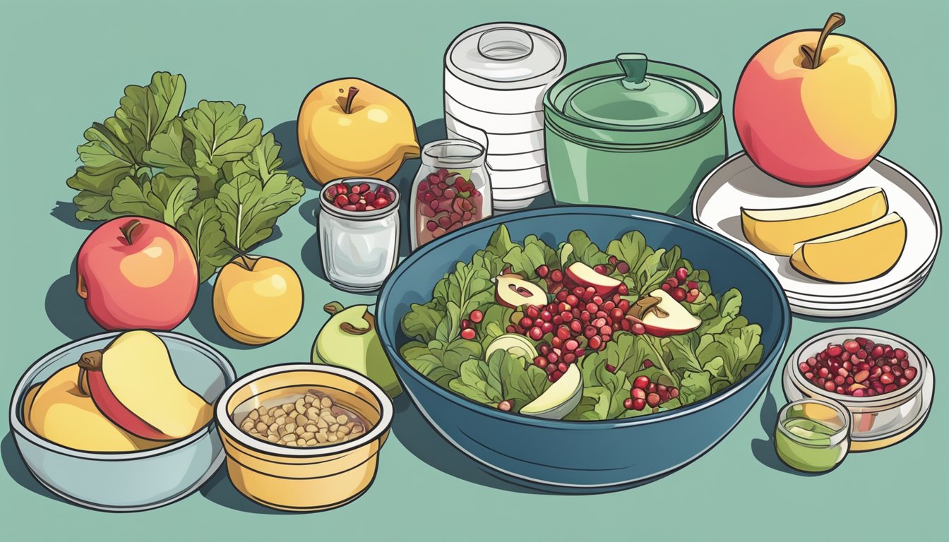 A bowl filled with sliced apples, pomegranate seeds, and mixed greens, surrounded by various meal prep containers and kitchen utensils