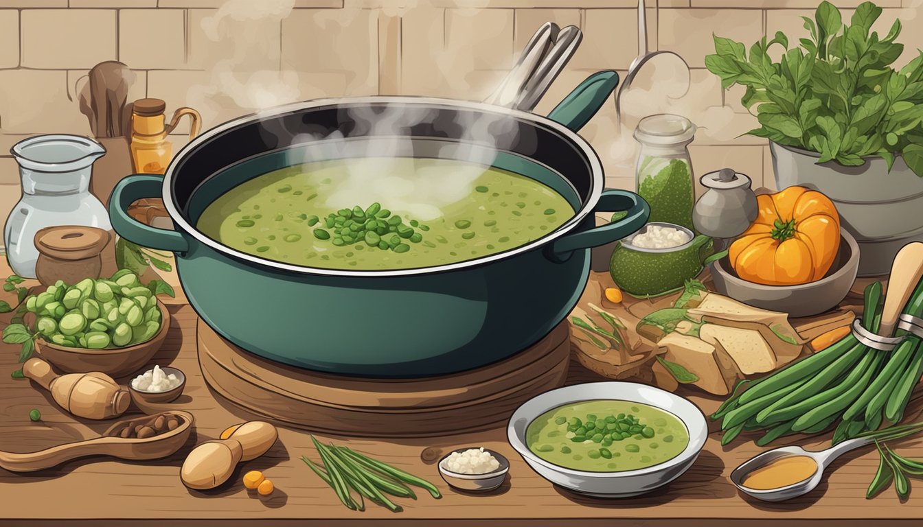 A steaming pot of spiced fava bean soup surrounded by fresh ingredients and cooking utensils on a rustic kitchen counter