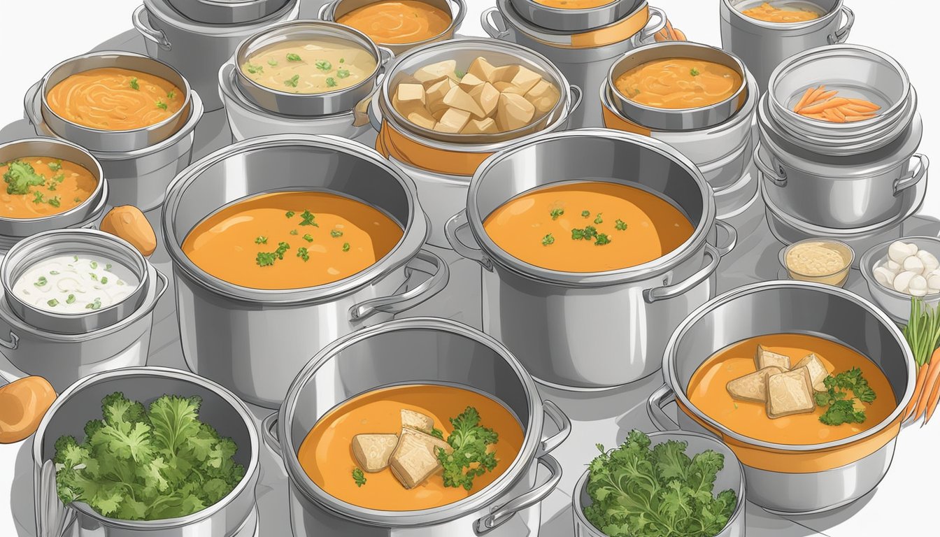 A pot of carrot ginger soup surrounded by 10 containers for meal prep