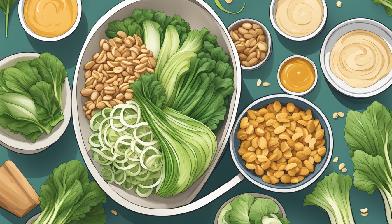 A colorful bok choy salad with peanut dressing surrounded by various meal prep ingredients