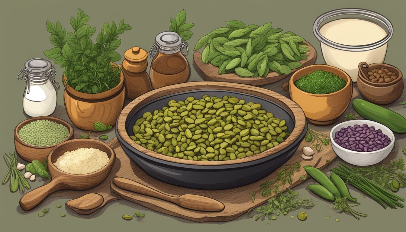 A rustic wooden table with a bowl of roasted fava beans sprinkled with herbs, surrounded by various meal prep ingredients and utensils