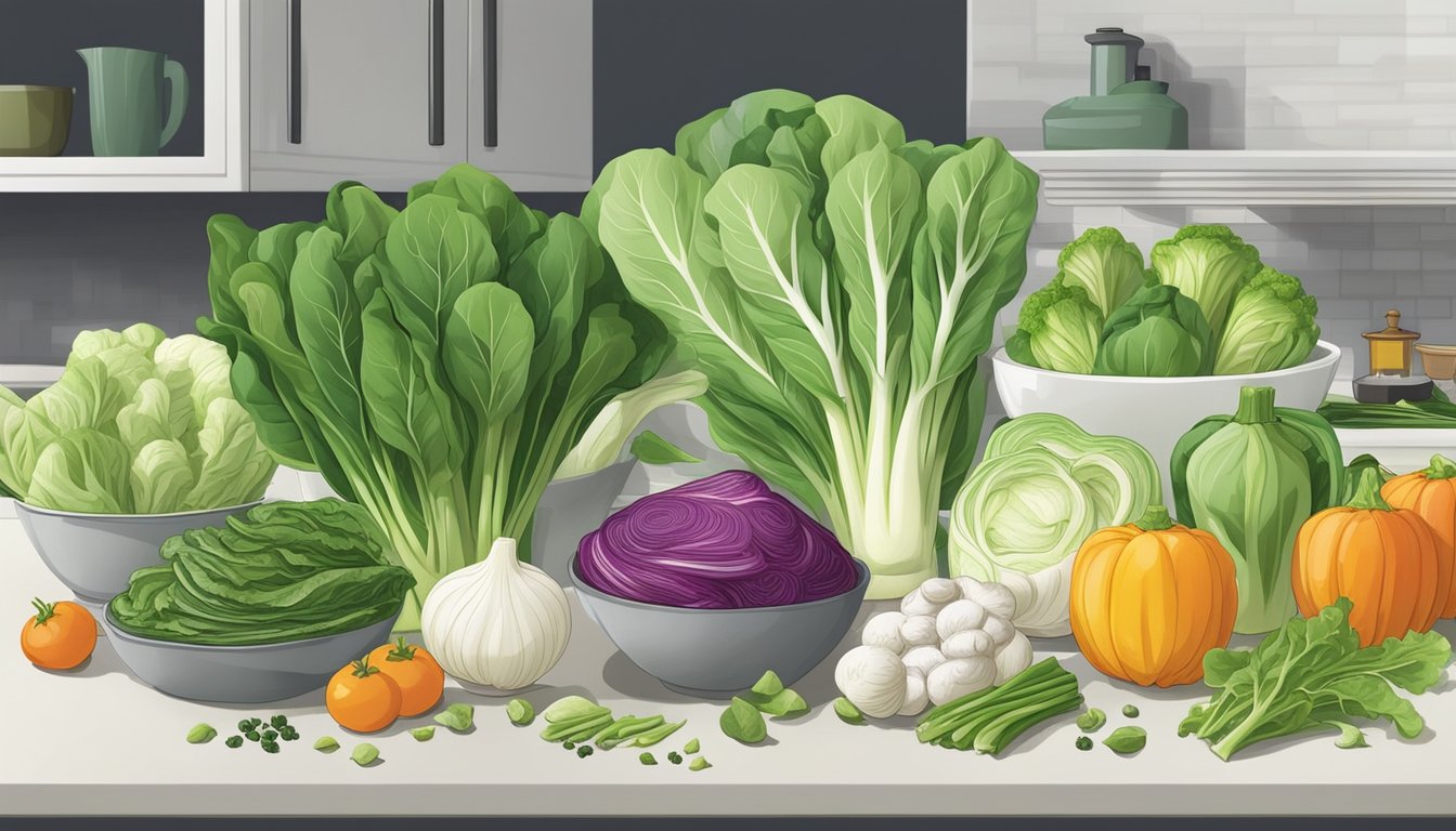 A colorful array of fresh bok choy, vibrant vegetables, and assorted seasonings arranged on a clean, organized kitchen counter