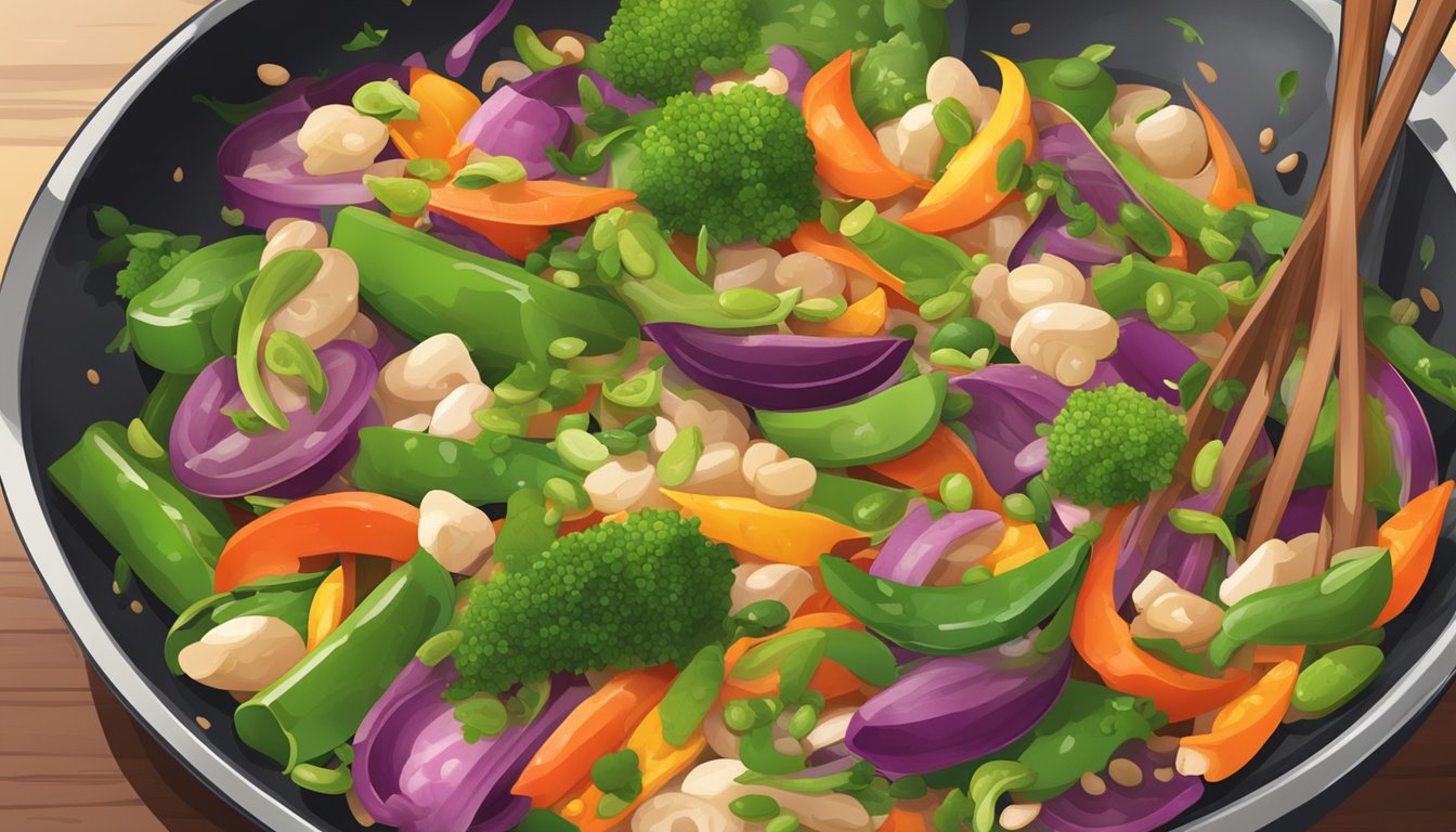 A colorful stir fry sizzling in a wok, filled with vibrant fava beans, assorted vegetables, and aromatic seasonings