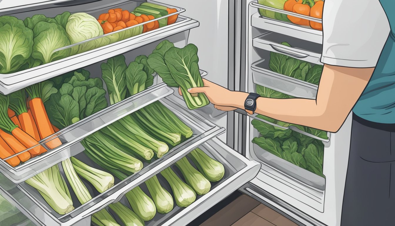 A person arranging fresh bok choy in a refrigerator alongside other vegetables for meal prep