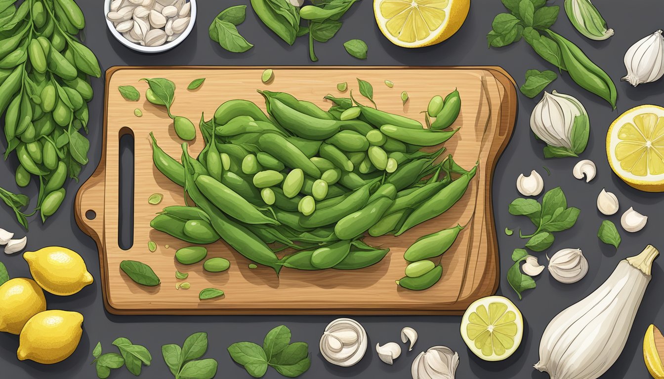 A wooden cutting board with fresh fava beans, lemon, garlic, and other ingredients arranged for meal prep