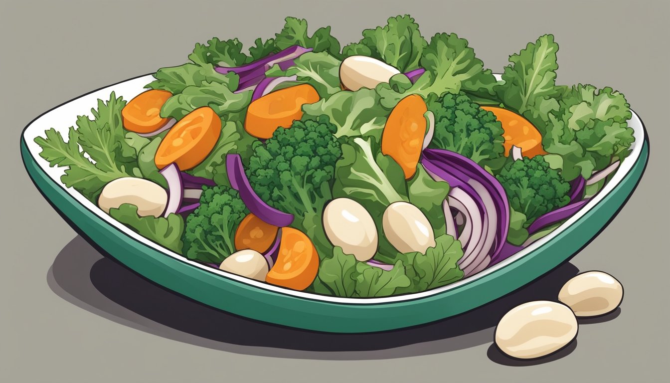 A colorful salad bowl filled with cannellini beans, chopped kale, and various vegetables, ready for meal prep