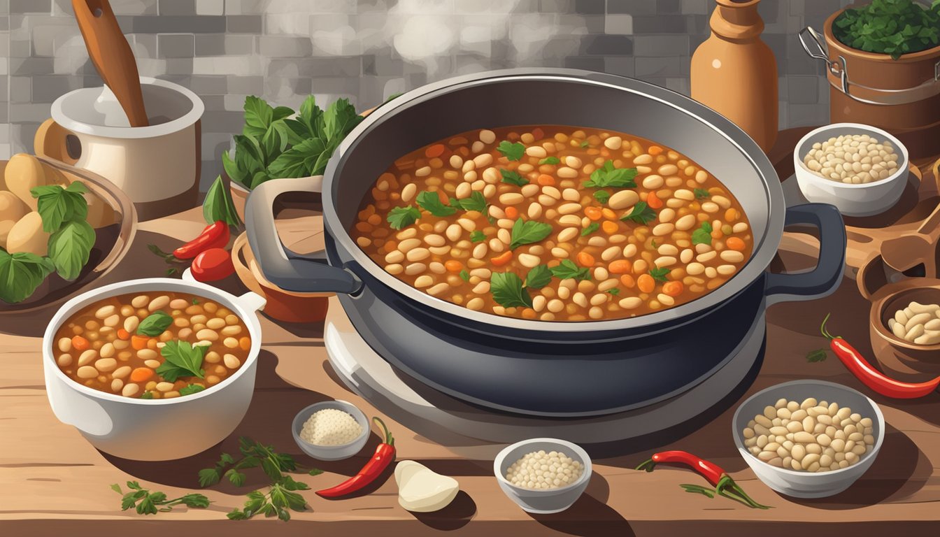 A steaming pot of spicy cannellini bean stew surrounded by fresh ingredients and cooking utensils on a rustic kitchen counter