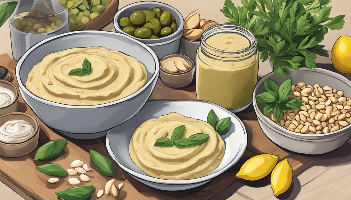 A bowl of creamy cannellini bean hummus surrounded by ingredients like olive oil, lemon, and garlic, with a stack of meal prep containers in the background