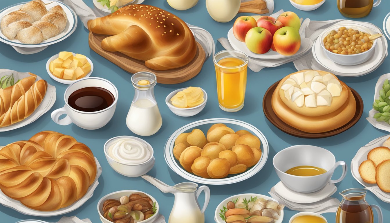 A table set with a variety of traditional Yom Kippur foods, including challah, apples, honey, and a selection of dairy and fish dishes