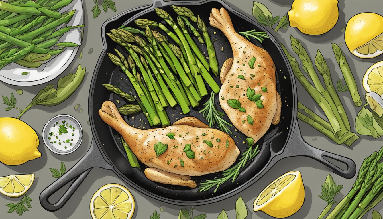 A skillet sizzling with lemon herb chicken and asparagus, surrounded by ingredients for meal prep