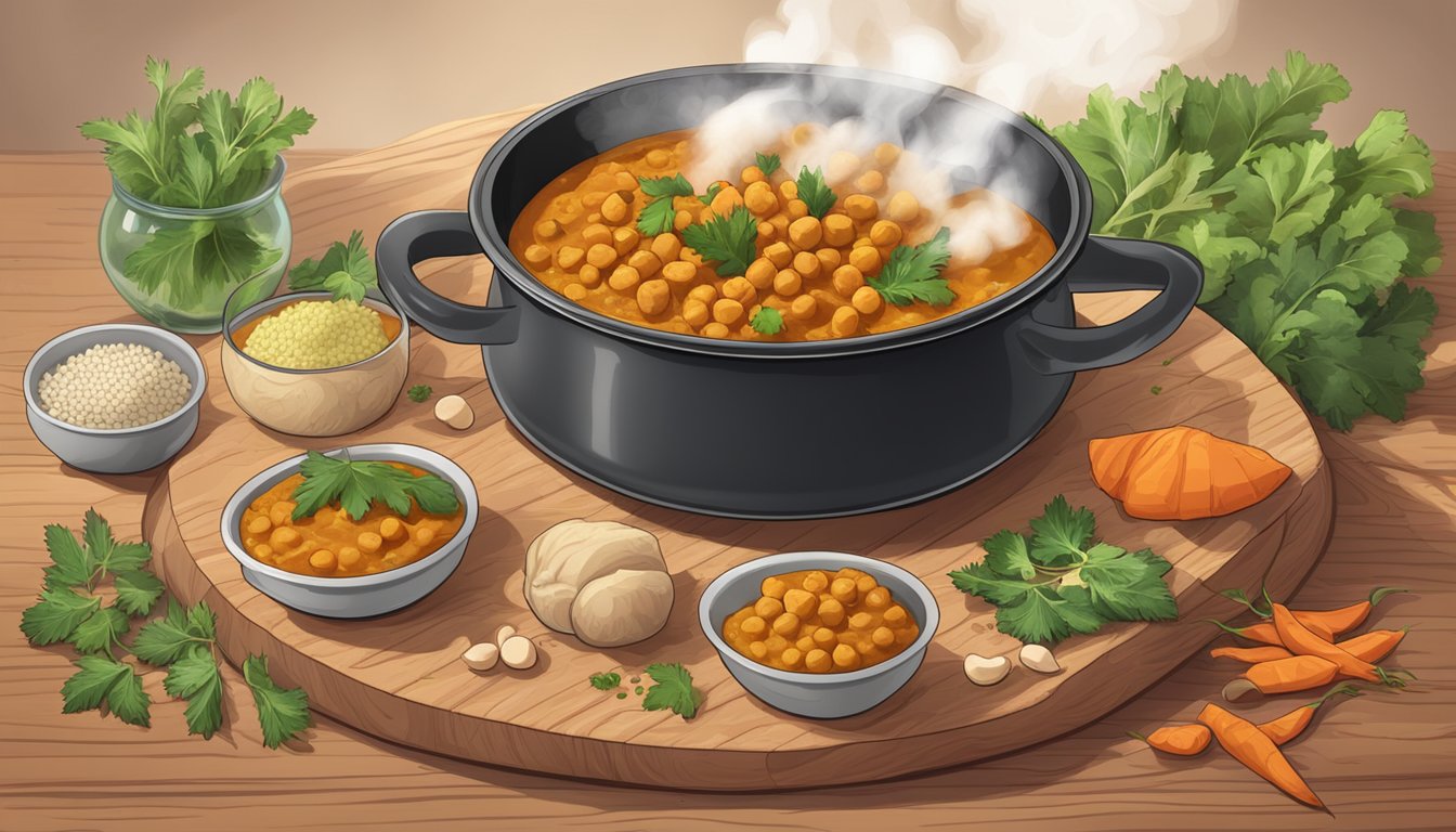 A steaming pot of sweet potato and chickpea curry surrounded by fresh ingredients and spices on a wooden cutting board