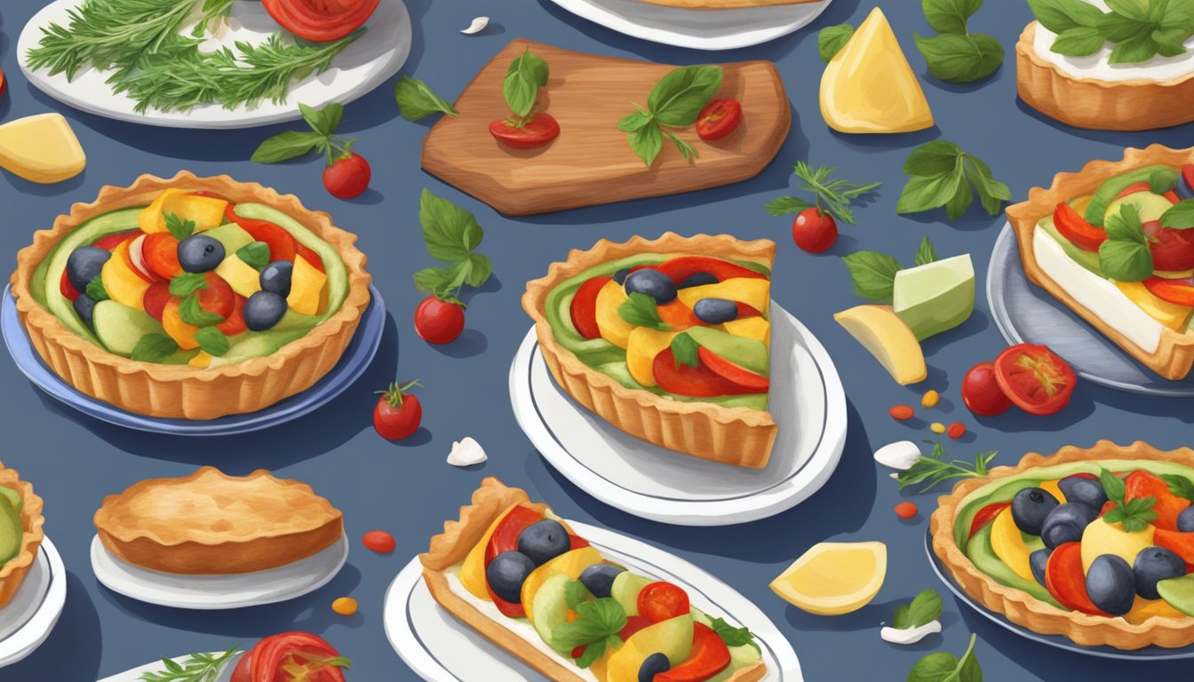 A table set with a colorful array of ratatouille tarts, fresh herbs, and French flags in celebration of Bastille Day