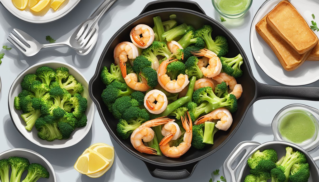 A sizzling skillet holds garlic butter shrimp and broccoli, surrounded by six meal prep containers