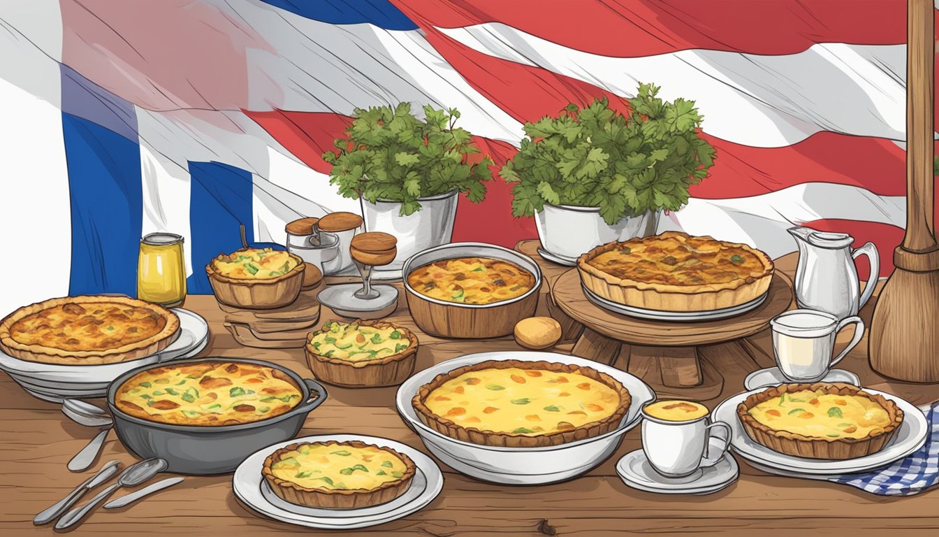 A rustic kitchen table with 10 individual servings of Quiche Lorraine, surrounded by French flags and traditional Bastille Day decorations