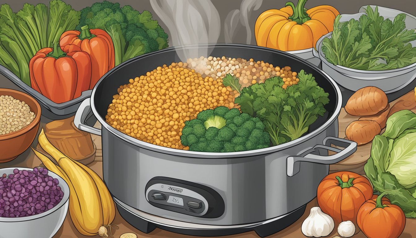 A colorful array of fresh vegetables, grains, and proteins arranged around a bubbling pot on a stove. Ingredients are neatly prepped and ready to be combined into six different one-pot meal recipes