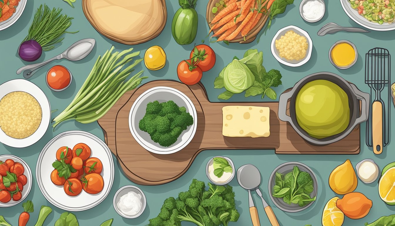 A kitchen counter with various fresh ingredients and cooking utensils laid out for meal prep