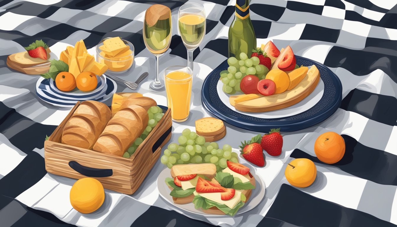 A picnic spread with baguette sandwiches, fresh fruits, and cheese on a checkered blanket under the Eiffel Tower