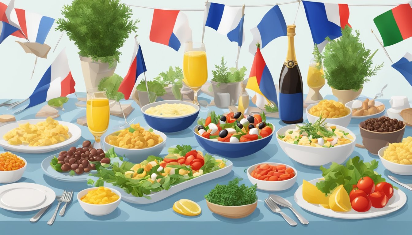 A table set with a colorful spread of Salade Niçoise ingredients, surrounded by French flags and Bastille Day decorations