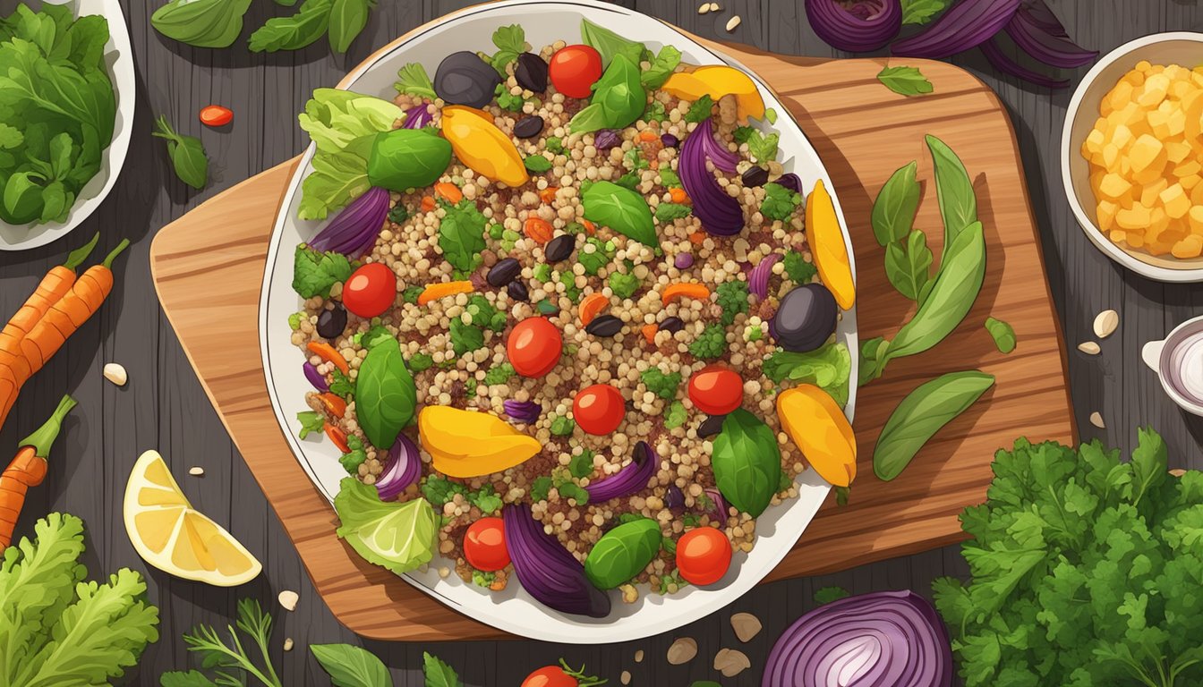 A colorful quinoa salad surrounded by a variety of freshly roasted vegetables on a wooden cutting board