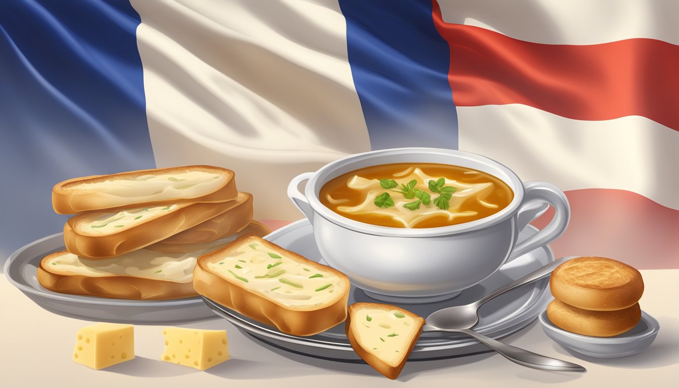 A steaming bowl of French onion soup surrounded by baguettes and cheese, set against a backdrop of the French flag