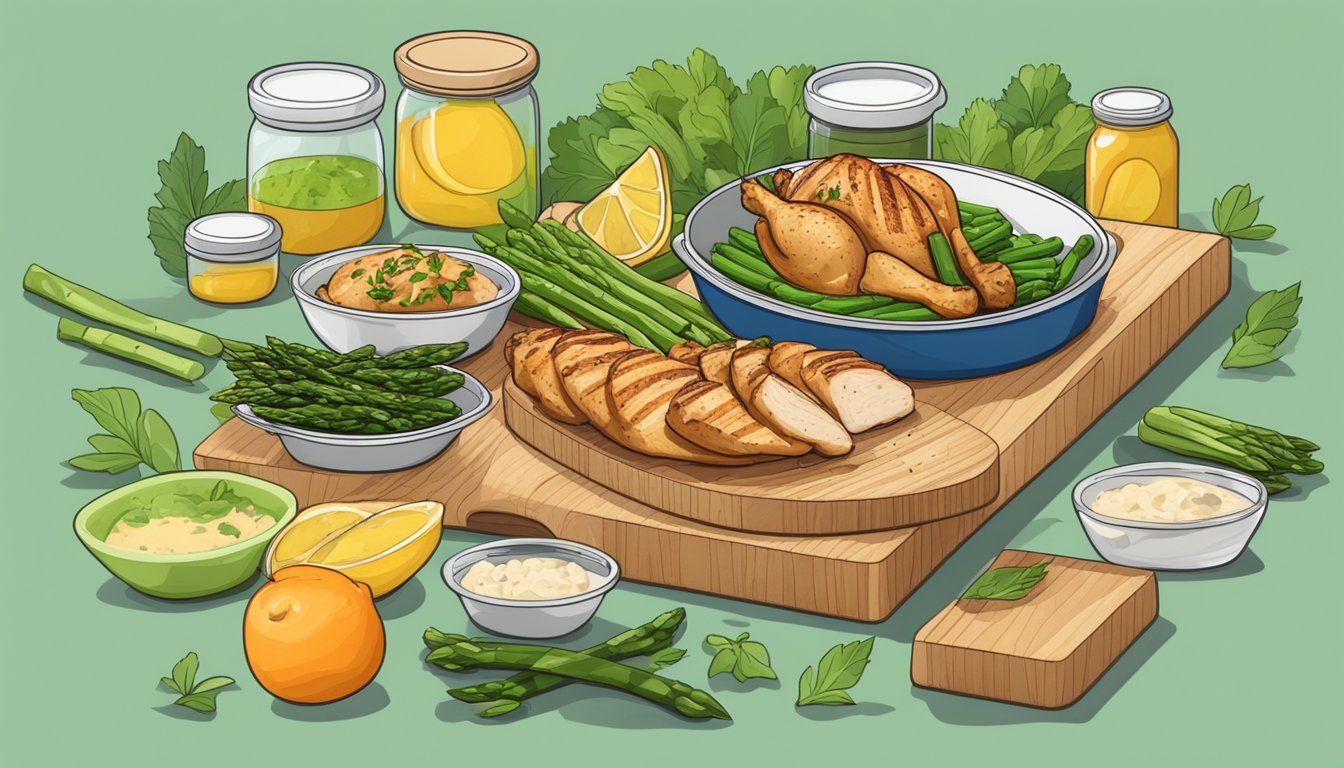 A wooden cutting board with grilled chicken, asparagus, and various meal prep containers surrounded by greenery