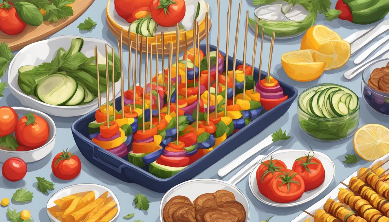 A table set with 10 skewers of colorful ratatouille vegetables, arranged in a festive and appetizing display for Bastille Day