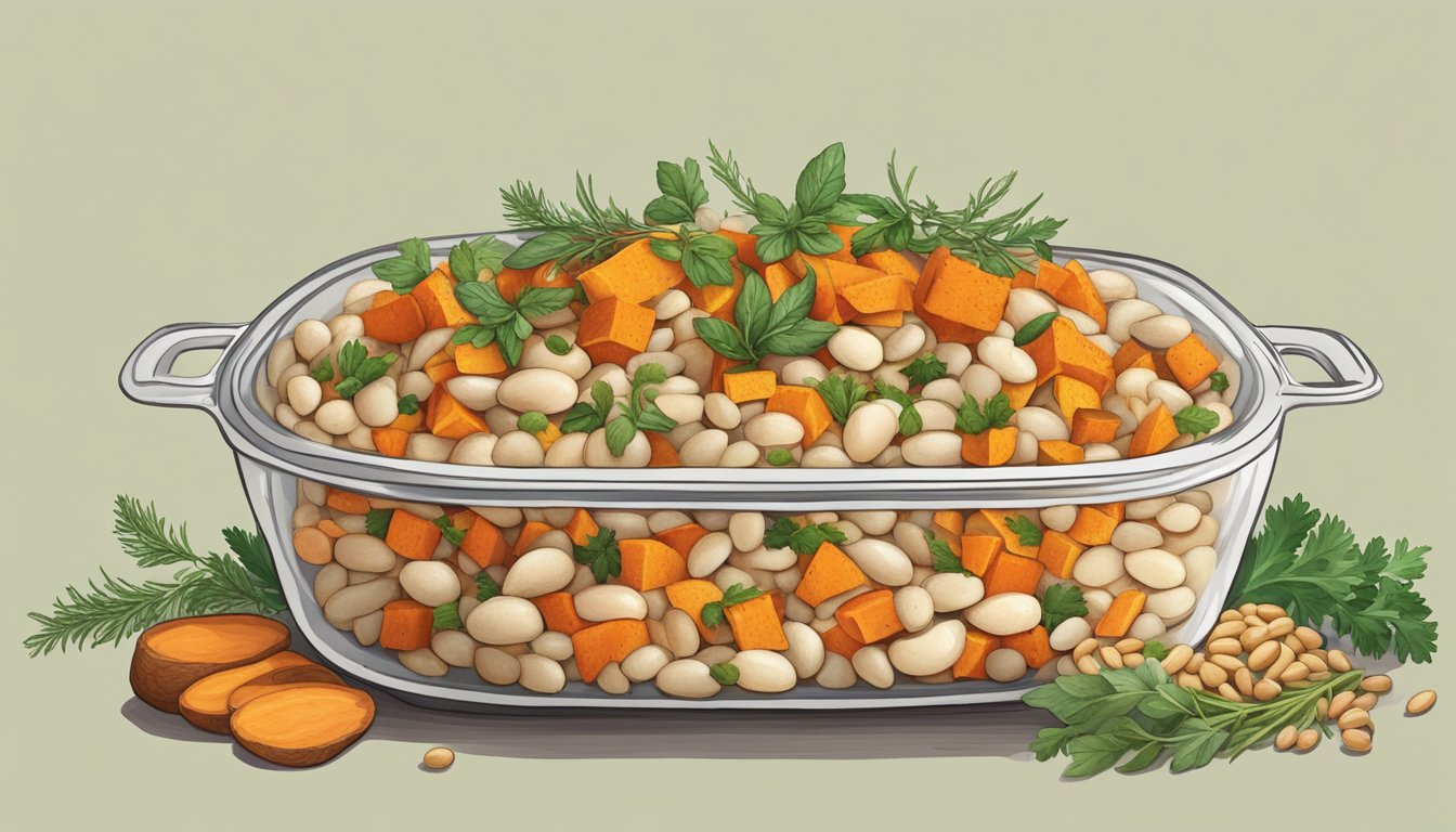 A colorful casserole dish filled with layers of cannellini beans, sweet potatoes, and savory seasonings, surrounded by fresh herbs and spices