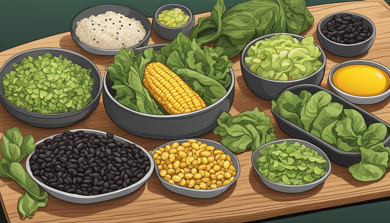 A colorful array of fresh black beans, corn, and vibrant green lettuce arranged on a wooden cutting board, surrounded by various meal prep containers