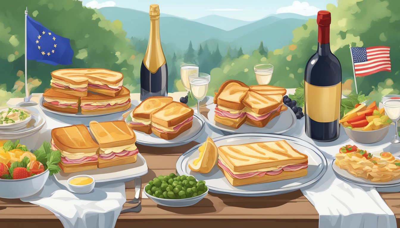 A table set with 10 Croque Monsieur sandwiches, accompanied by various sides and garnishes, arranged in a festive and appetizing display for Bastille Day