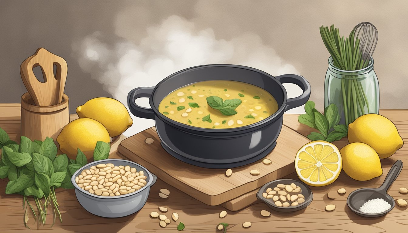 A steaming pot of lemon cannellini bean soup surrounded by fresh ingredients and cooking utensils on a rustic kitchen counter