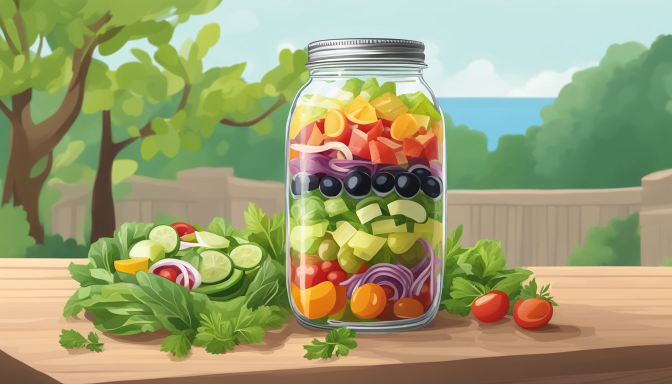 A mason jar filled with layers of colorful Greek salad ingredients, surrounded by greenery and a tree in the background