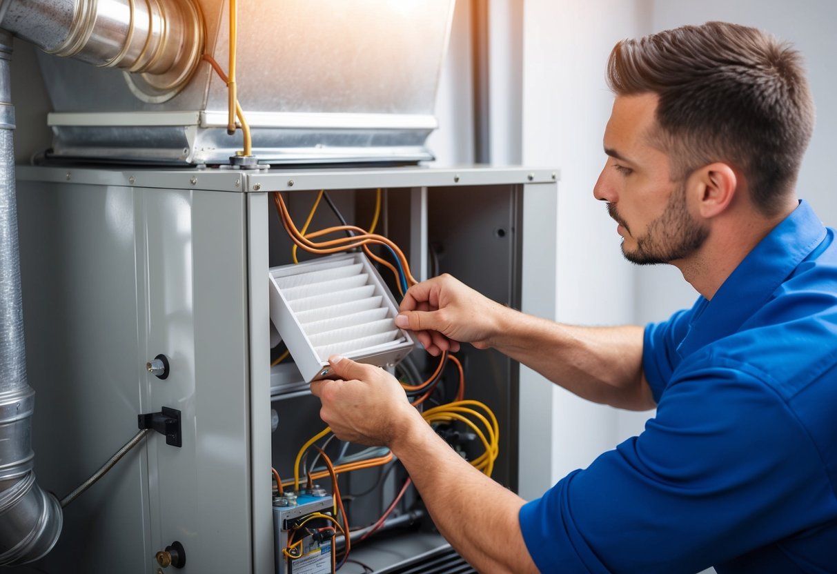 A technician performing routine maintenance on an HVAC system, checking filters, cleaning coils, and inspecting components for optimal efficiency