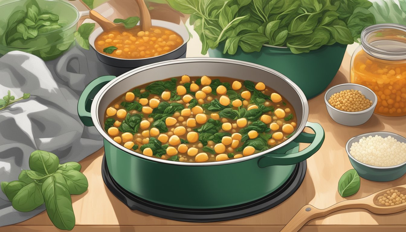 A pot of chickpea and spinach stew simmering on a stovetop, surrounded by fresh ingredients and meal prep containers, with a tree planting event in the background