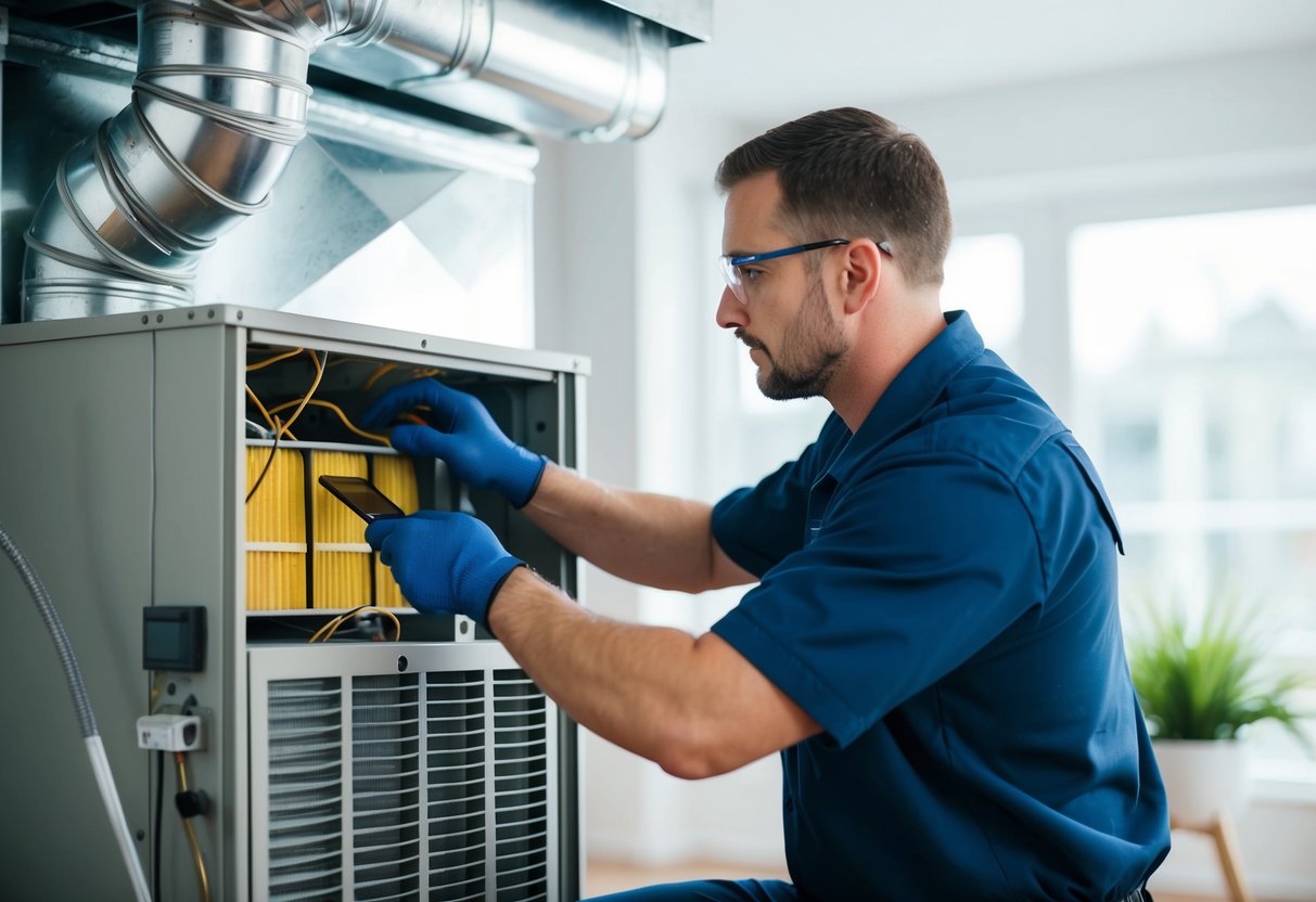 A technician performing routine maintenance on an HVAC system, checking filters, cleaning coils, and inspecting ductwork for optimal efficiency