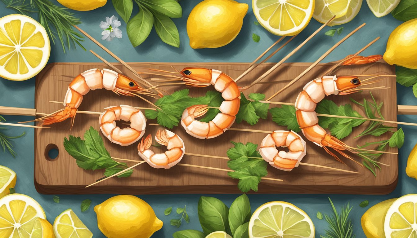 A wooden cutting board with a row of grilled shrimp skewers, surrounded by fresh lemons, herbs, and Arbor Day-themed decorations