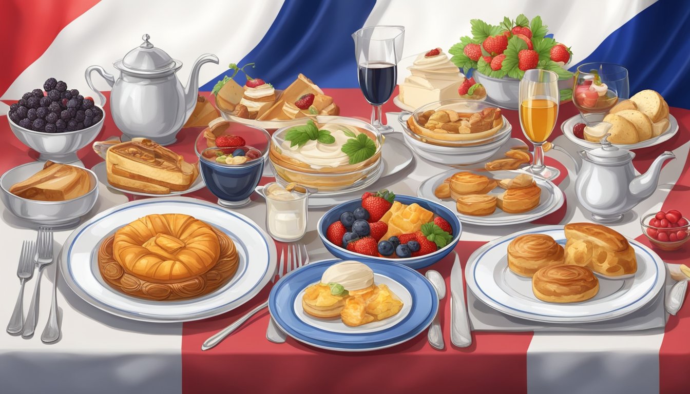 A table set with French cuisine, including traditional dishes and desserts, surrounded by decorations in the colors of the French flag