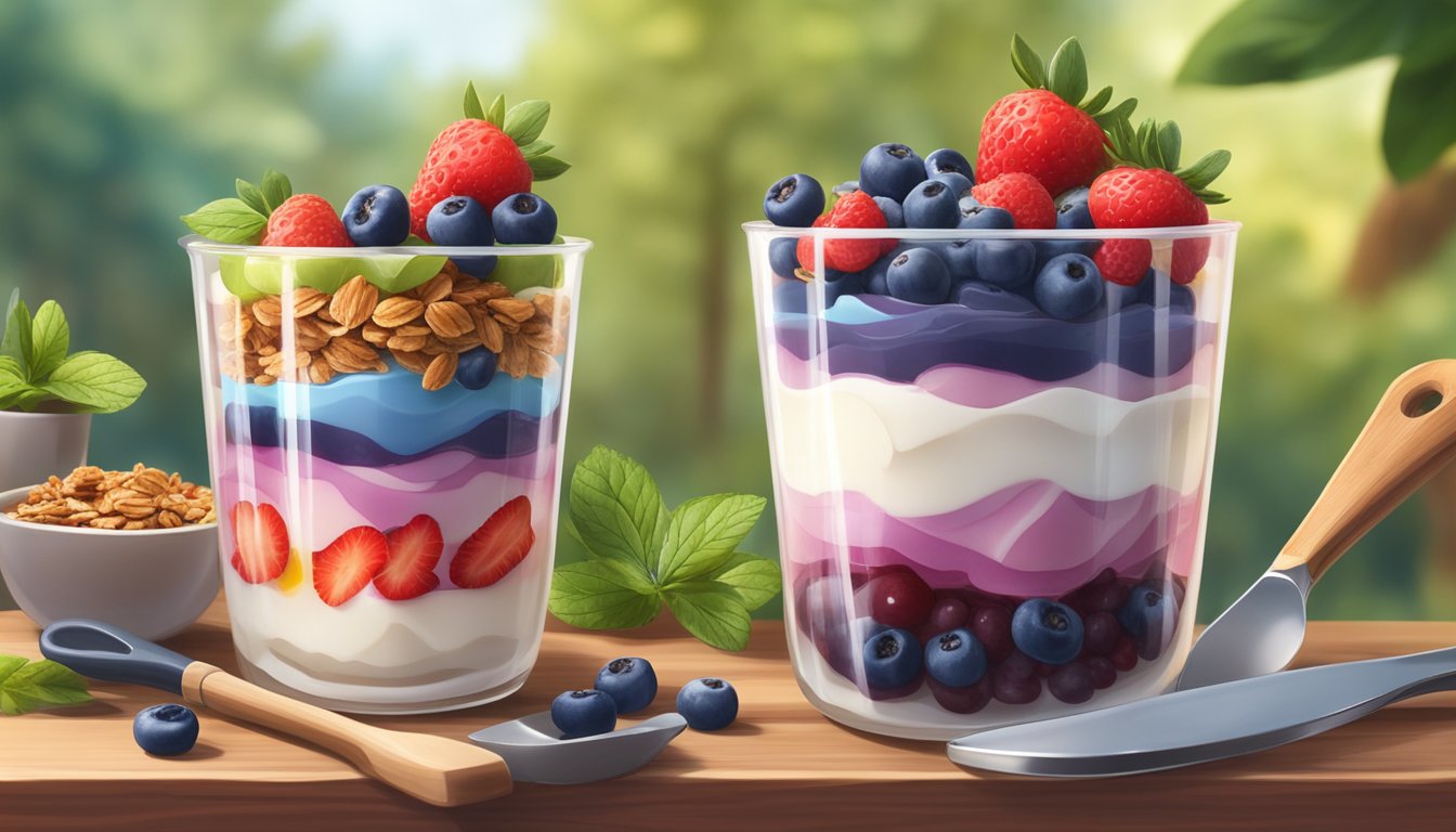 A colorful parfait with layers of yogurt, berries, and granola sits on a wooden table surrounded by potted trees and gardening tools