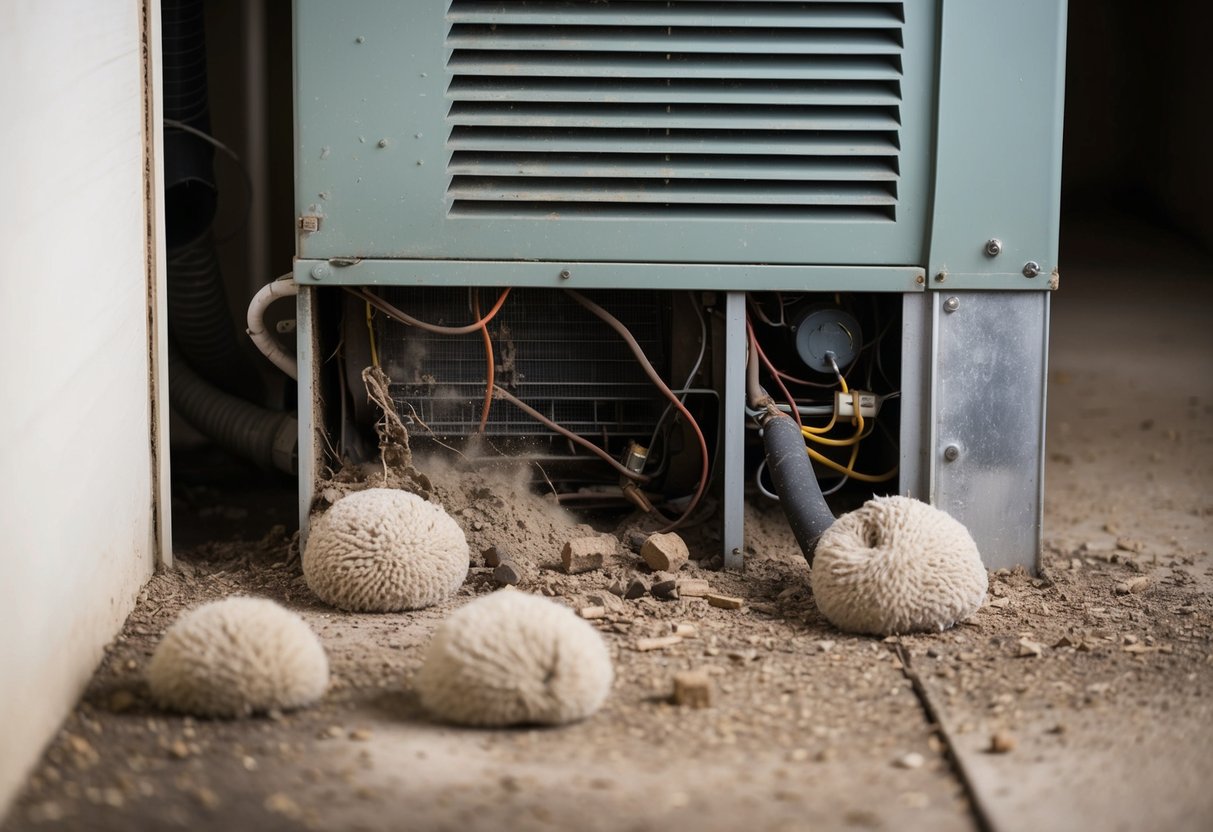 An HVAC system covered in dust and grime, with visible signs of wear and tear. Dust bunnies and debris scattered around the neglected unit