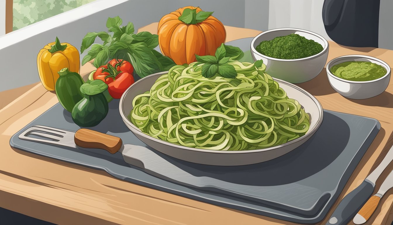 A wooden cutting board with zucchini noodles, a bowl of pesto, and various vegetables arranged for meal prep