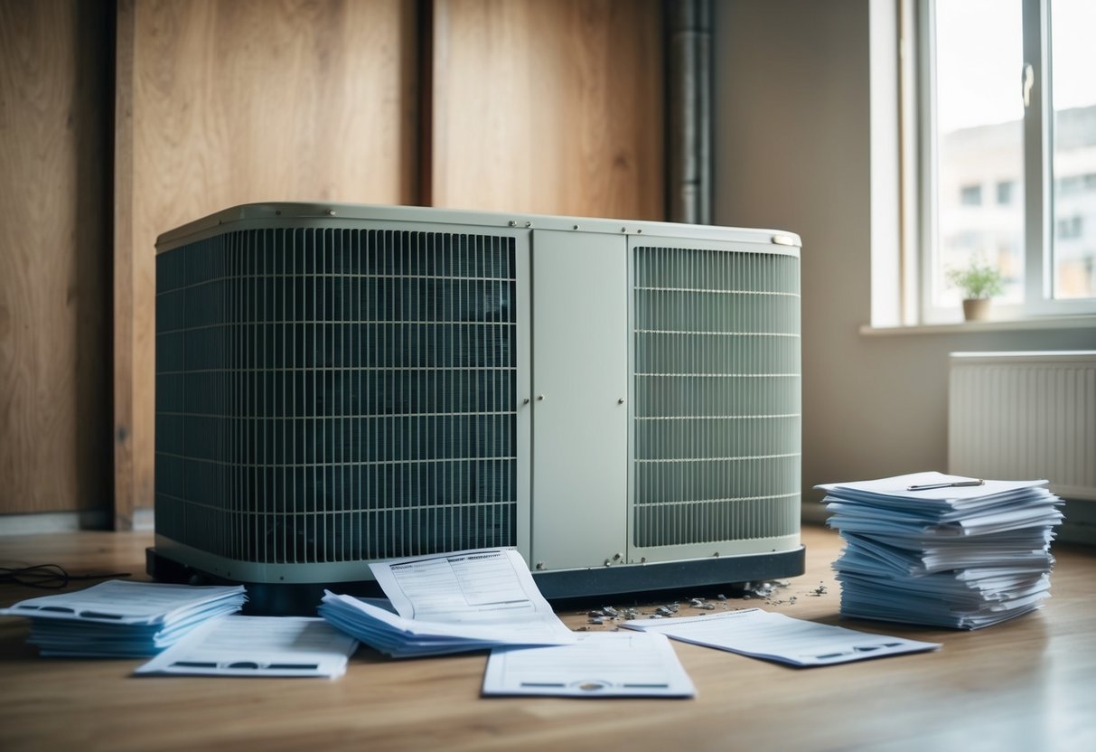 A neglected HVAC system sits in disrepair, surrounded by rising utility bills and a stack of costly repair invoices