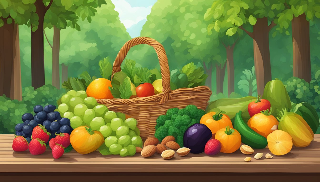 A lush, green forest with various fruits, vegetables, and nuts scattered on a wooden table. A basket filled with freshly picked produce sits nearby