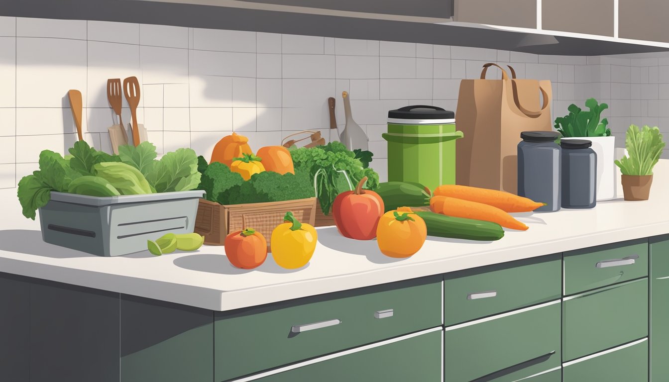 A kitchen counter with an array of fresh produce, reusable containers, and eco-friendly cooking utensils. A compost bin sits nearby, and a reusable shopping bag is filled with groceries